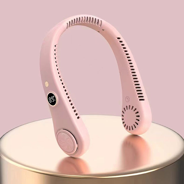 Slim design portable neck cooling fan, 5 speeds, perfect for travel & outdoor use.