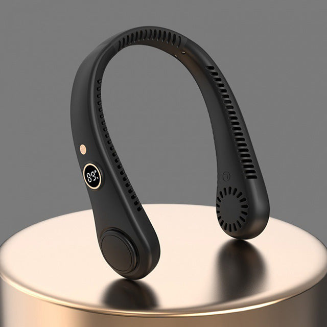Quiet bladeless neck fan, rechargeable and wearable for all-day summer cooling.