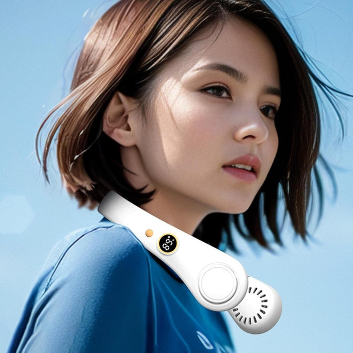 Hands-free bladeless neck fan, 5-speed personal cooling for heat relief & outdoor gear.