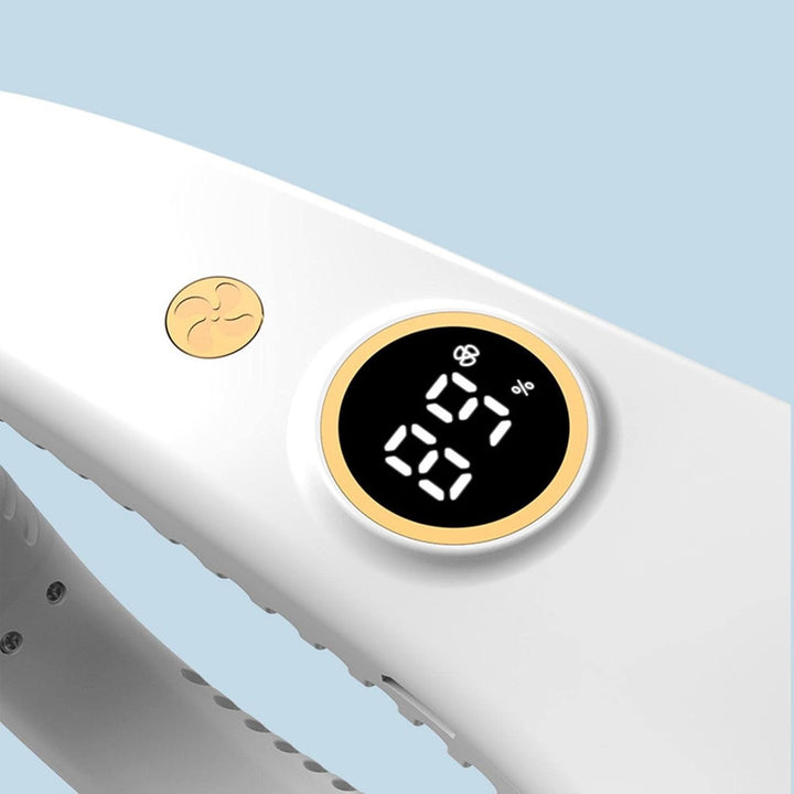 Wearable 5-speed bladeless neck fan, ideal outdoor gear for hands-free comfort.