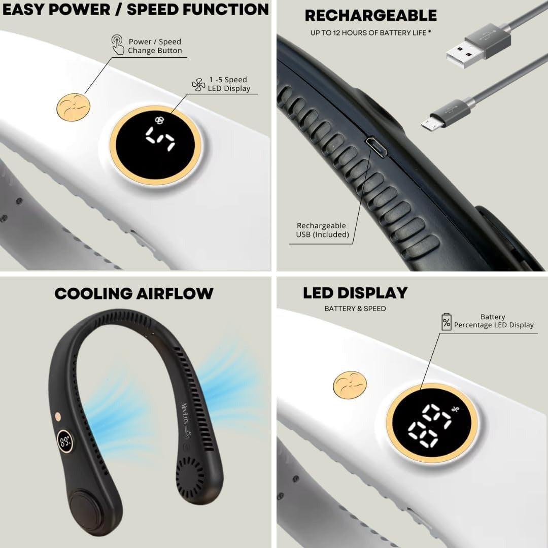 Bladeless neck fan, offering instant heat relief with 5 portable speed settings.