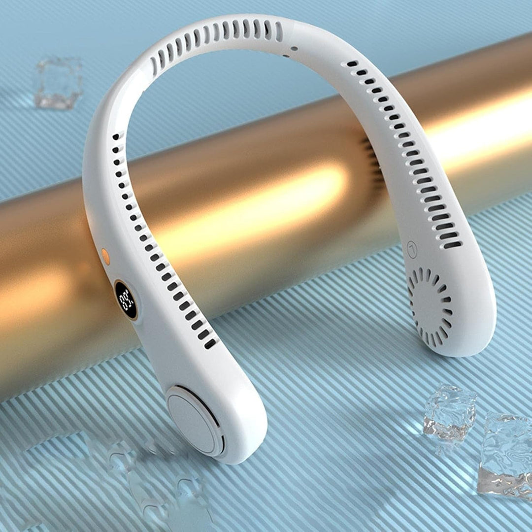 Portable bladeless neck fan, delivering cool air on-the-go with 5 speeds.