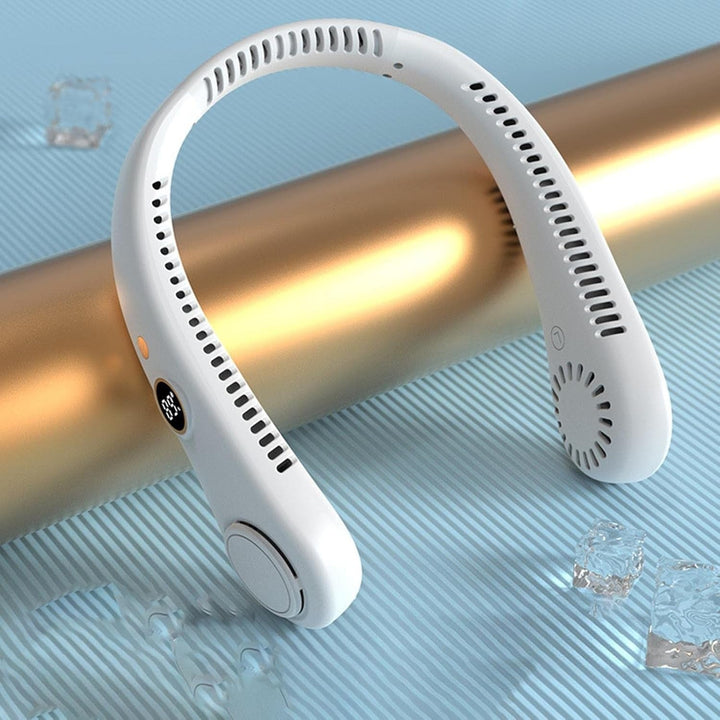 Portable bladeless neck fan, delivering cool air on-the-go with 5 speeds.