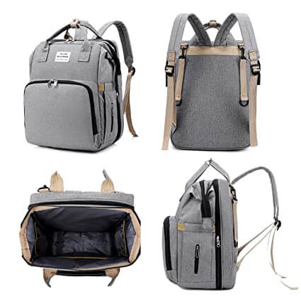 Versatile multifunction diaper bag backpack with integrated baby bed.