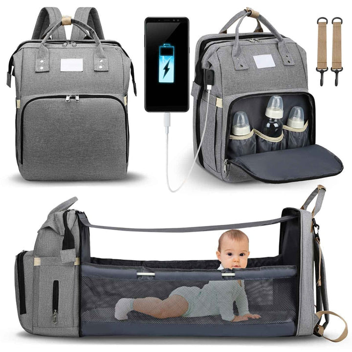Travel bassinet & waterproof diaper backpack, perfect for infant needs.