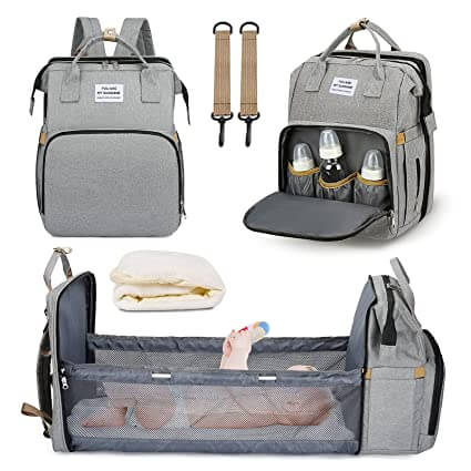 Convertible baby bed and diaper bag backpack for easy parent travel.
