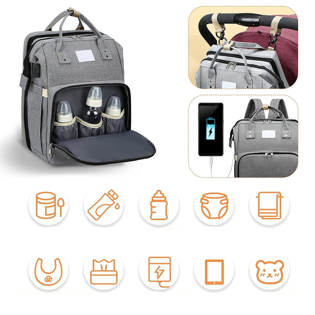 Stylish unisex travel backpack, baby bed & changing station all-in-one.