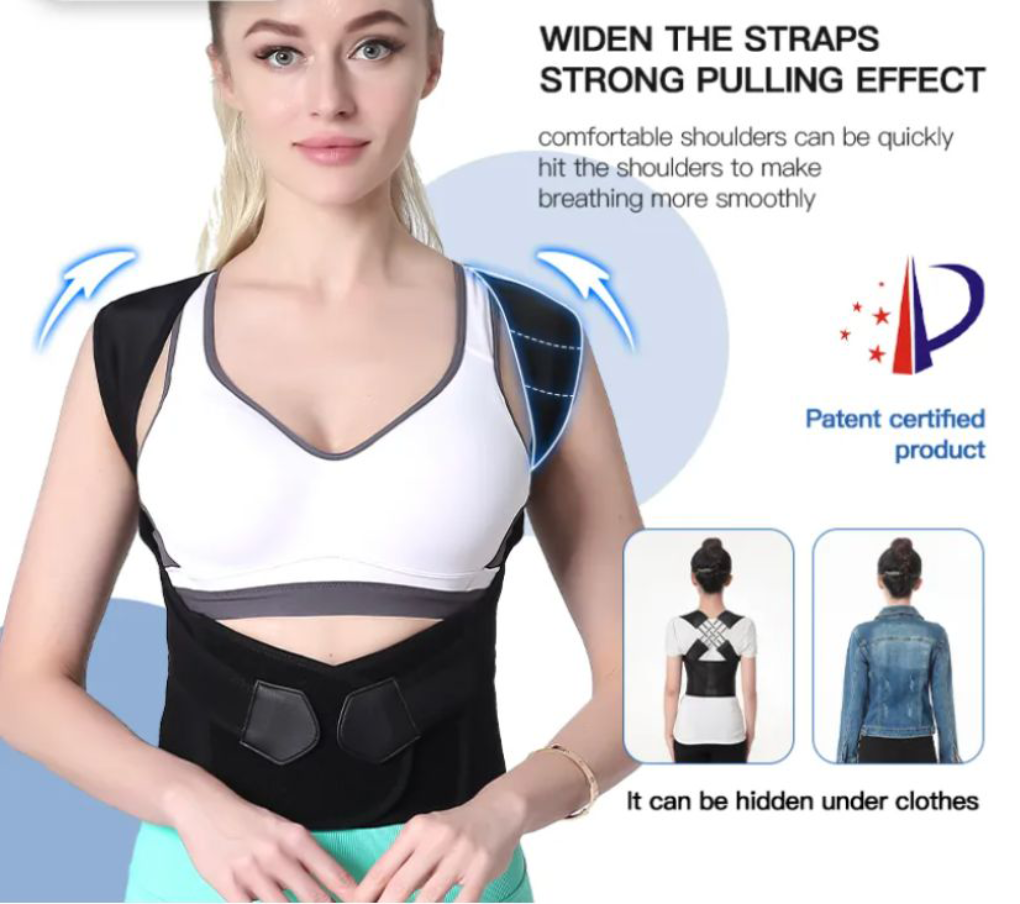 Adjustable unisex posture corrector and shoulder brace for comfortable daily back health & improved alignment.