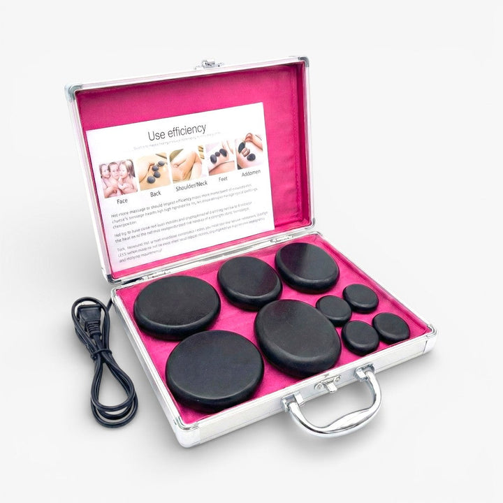 Unisex professional hot stone massage set with heater. Complete spa kit for muscle relaxation & therapeutic relief.