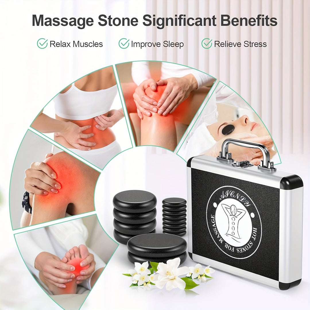 Hot stone massage kit with a compact heater and smooth volcanic stones for effective muscle relief & wellness.