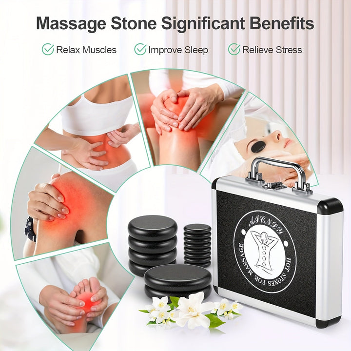 Hot stone massage kit with a compact heater and smooth volcanic stones for effective muscle relief & wellness.