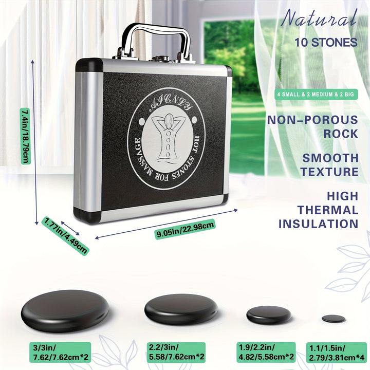 Therapeutic hot stone massage set. Professional-grade kit with electric warmer for stress and muscle relief.