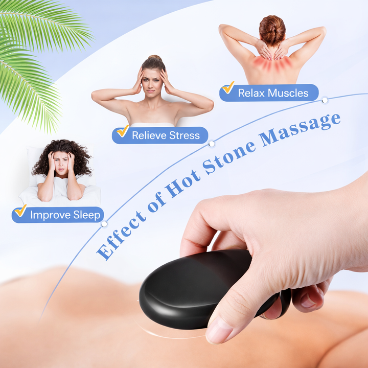 Self-care hot stone massage kit. Complete with electric heater & volcanic rocks for ultimate muscle relaxation.