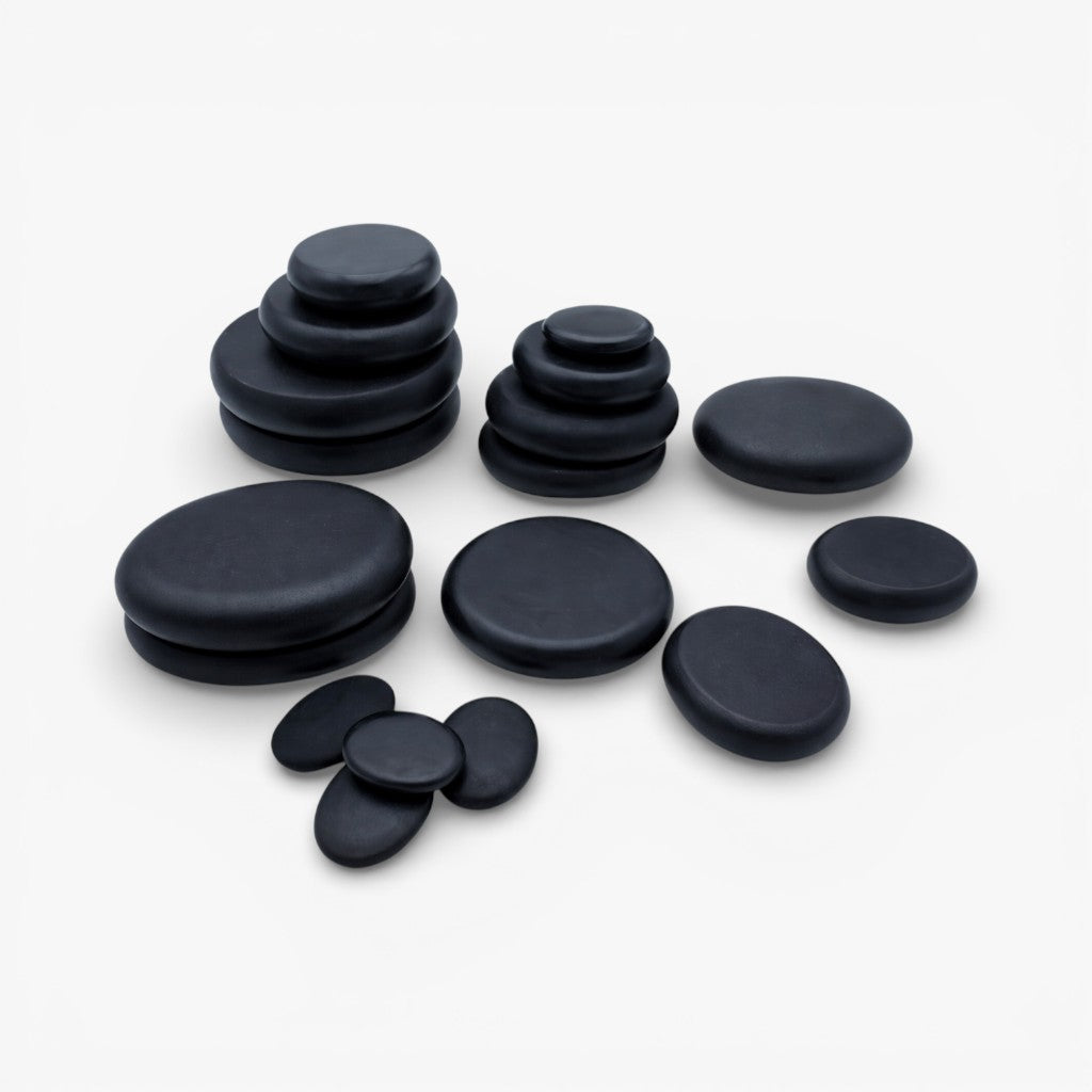 Deluxe hot stone massage kit featuring natural volcanic rocks and a warming heater for deep muscle therapy.