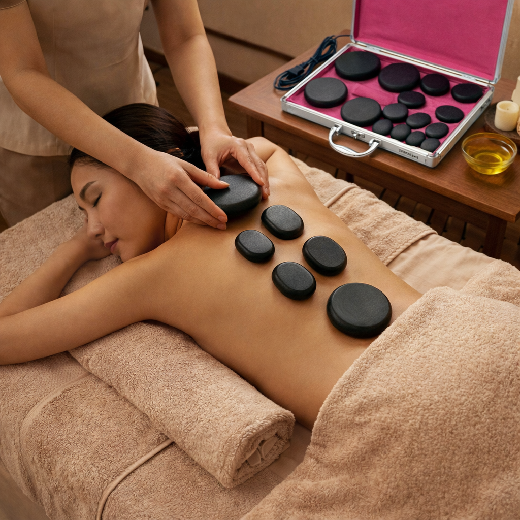 Professional-grade hot stone massage set with heater and smooth volcanic rocks for home or spa wellness.