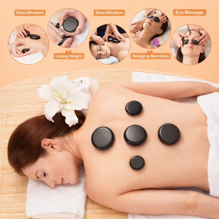 Unisex spa kit: hot stone massage set with a built-in heater, ideal for muscle relief & relaxation therapy.