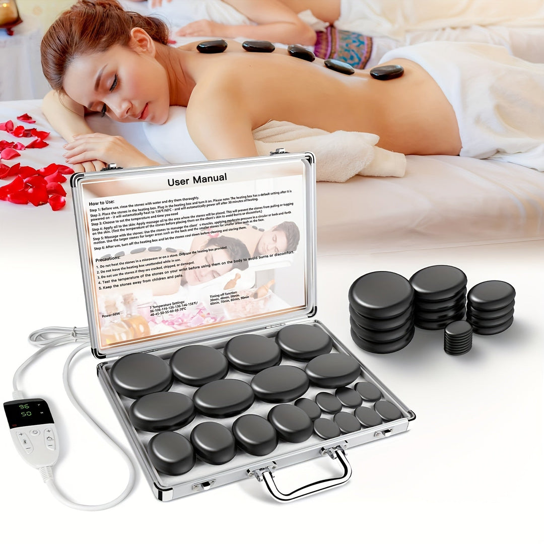 Hot stone massage kit for muscle relief. Includes natural volcanic stones & a convenient warming heater.