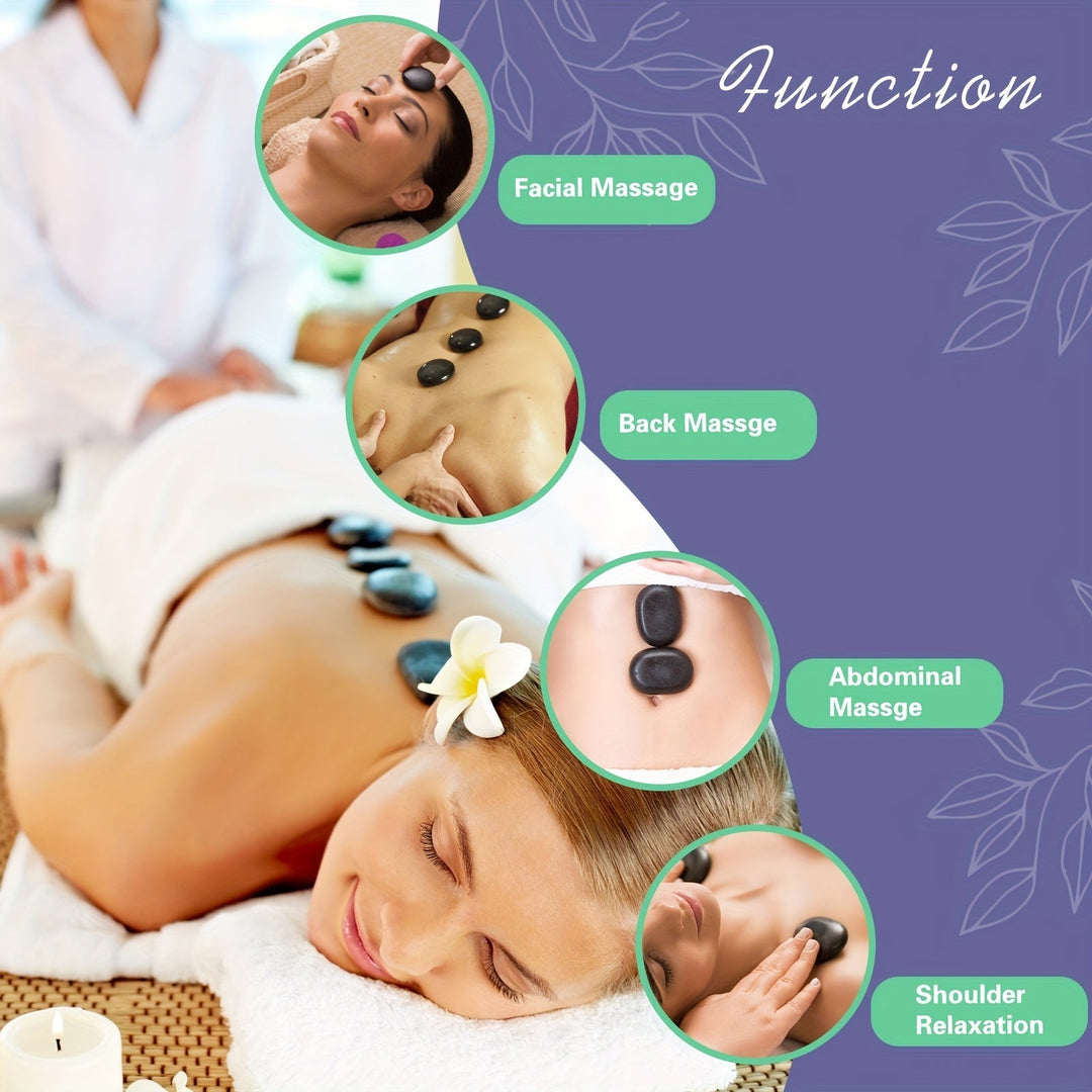 Complete professional hot stone massage system: volcanic rocks & electric heater for deep muscle relaxation.