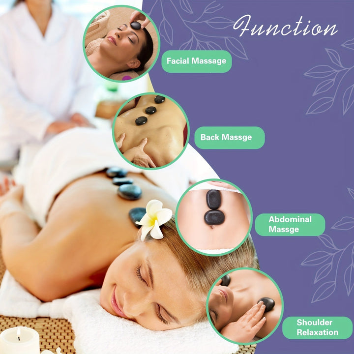 Complete professional hot stone massage system: volcanic rocks & electric heater for deep muscle relaxation.