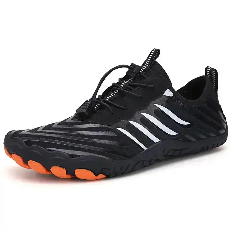 Side view of lightweight flexible barefoot shoes with quick-lace system for easy on/off.