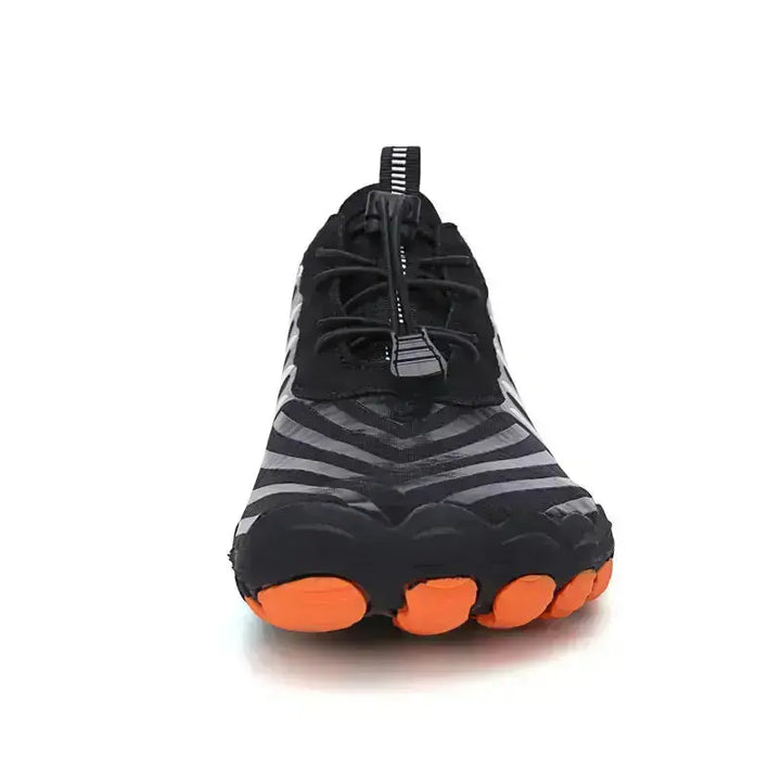 Top view of quick-lace minimalist shoes, showcasing toggle system & breathable fabric for comfort.