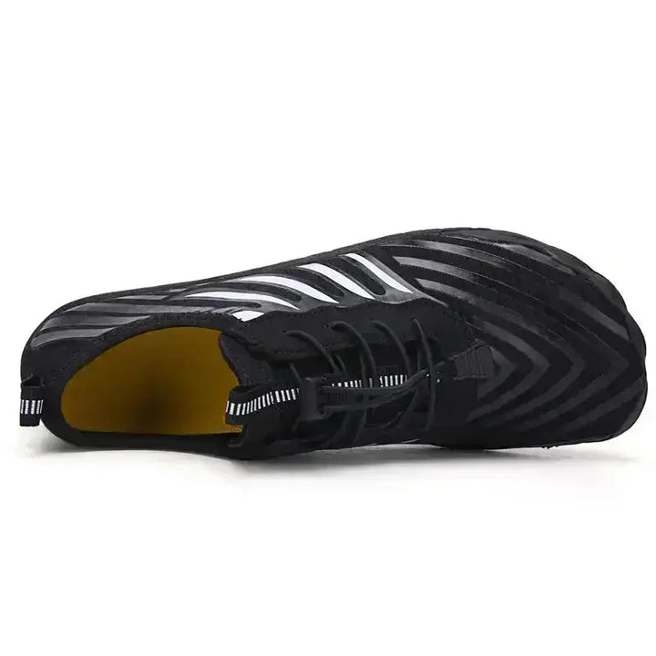 Close-up of quick-lace system on comfortable minimalist walking shoes for adjustable fit.