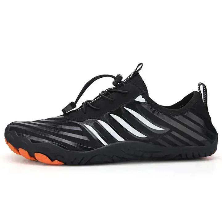 Front view of unisex quick-lace barefoot shoes, highlighting minimalist design and wide toe box.
