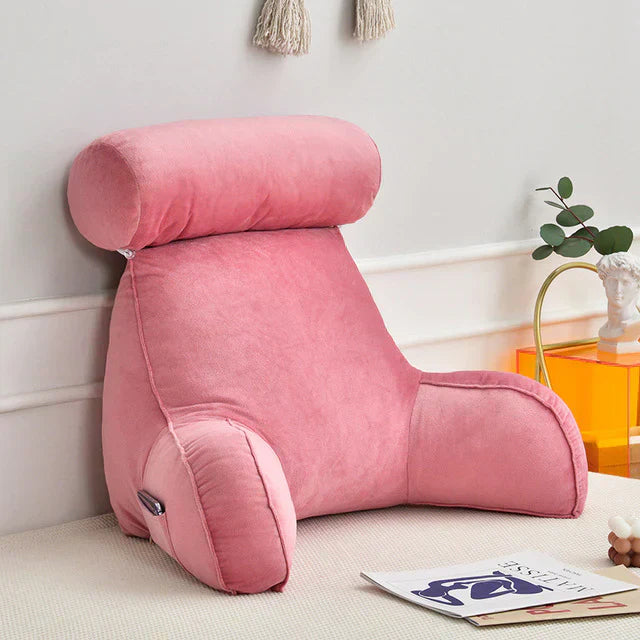 Comfortable bedrest reading pillow with memory foam & supportive arms, perfect for dorms, lounging, & back support.
