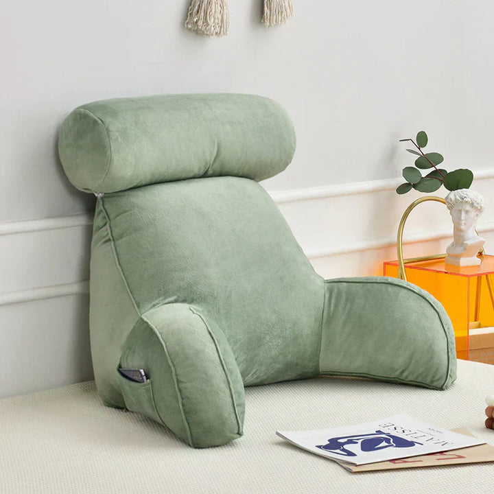 Stylish velvet reading bed pillow with memory foam, offering plush back & arm support for cozy home lounging.