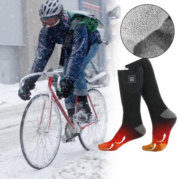 Durable heated socks, ideal winter outdoor gear for skiing, hiking, or hunting.