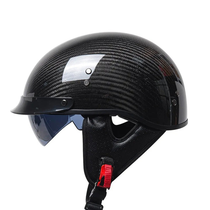 Unisex retro half-face carbon fiber motorcycle helmet, DOT/ECE approved, lightweight for safety.