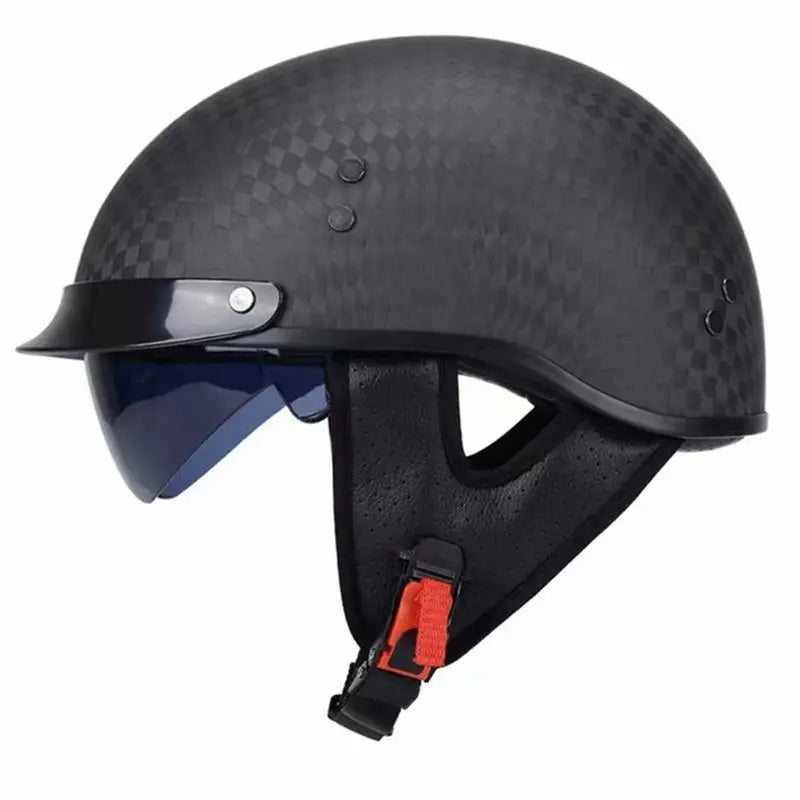 Authentic carbon fiber half-face motorcycle helmet, retro design. DOT/ECE safety approved, unisex fit.