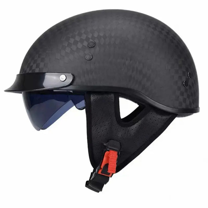 Authentic carbon fiber half-face motorcycle helmet, retro design. DOT/ECE safety approved, unisex fit.