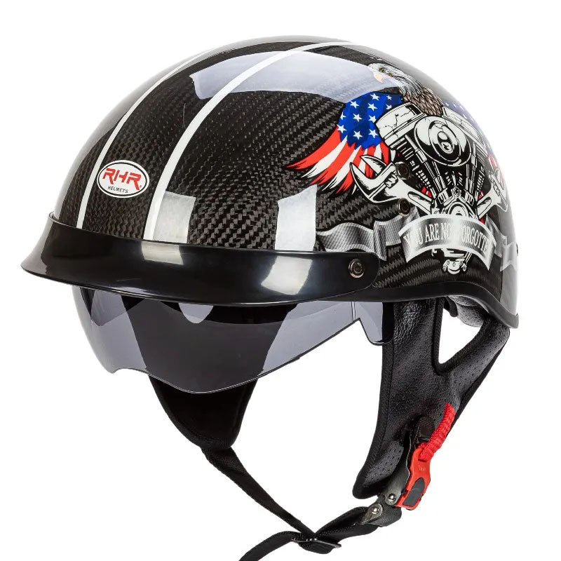 Unisex retro carbon fiber half-face motorcycle helmet. DOT/ECE approved, ideal for classic bike enthusiasts.