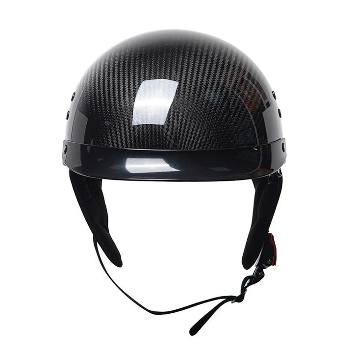 Vintage-style carbon fiber half-face motorcycle helmet. DOT/ECE certified, lightweight & durable biker gear.