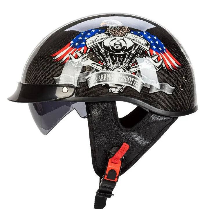 Unisex carbon fiber half-face helmet, retro design. DOT & ECE certified for secure motorcycle riding.