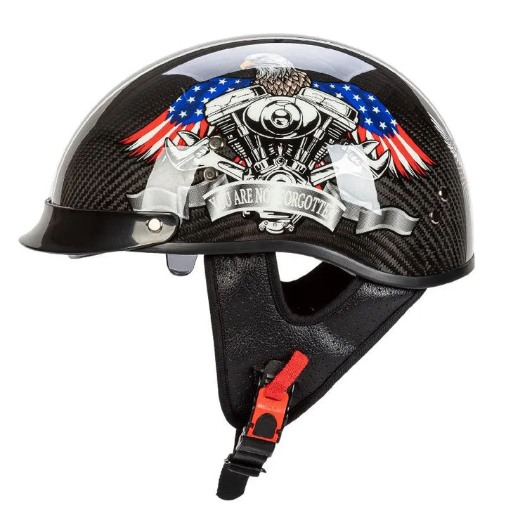 Lightweight retro half-face carbon fiber motorcycle helmet. DOT/ECE approved, perfect for vintage biker style.
