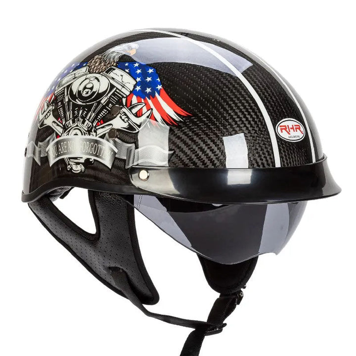 Front view: Retro half-face carbon fiber motorcycle helmet, unisex. DOT & ECE safety approved.