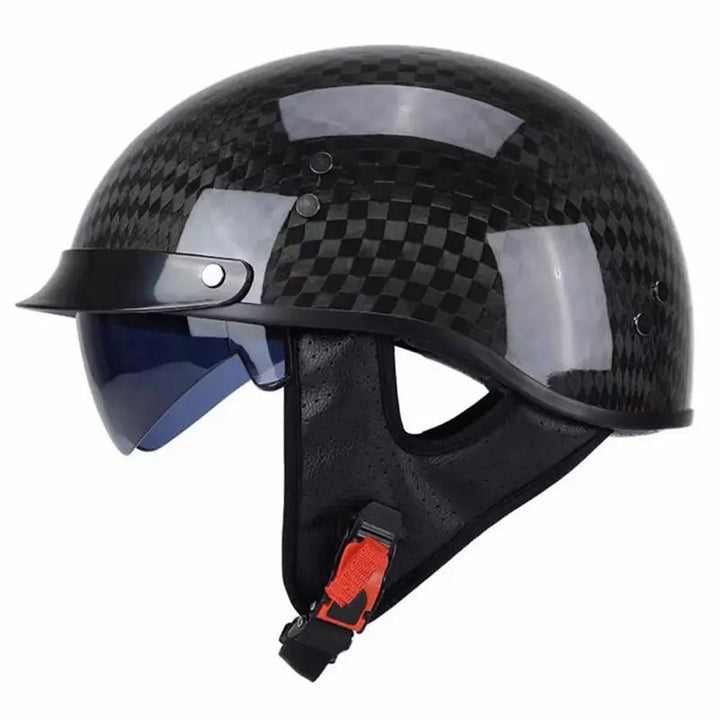 Comfortable retro half-face carbon fiber motorcycle helmet, DOT/ECE certified. Lightweight protection.