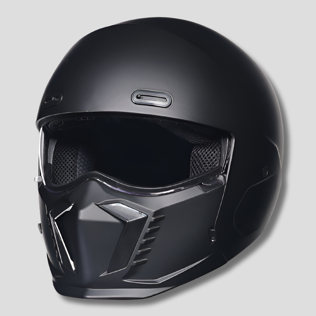 Vintage pilot style motorcycle helmet, DOT/ECE approved, black finish. Unisex rider gear.