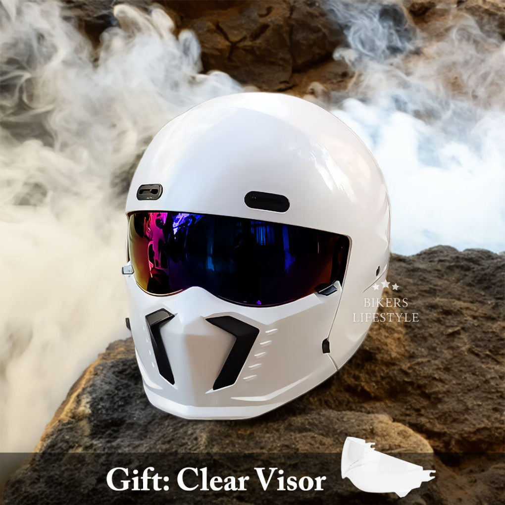 Cruiser motorcycle helmet with vintage appeal. DOT/ECE certified safety gear for riders.