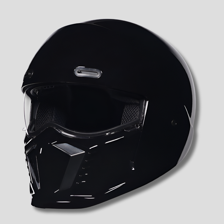 Sleek black retro motorcycle helmet, DOT/ECE certified, comfortable unisex fit for road safety.