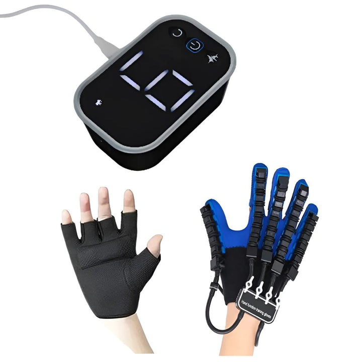 Unisex robotic hand rehabilitation glove aiding stroke recovery & physical therapy for improved dexterity.
