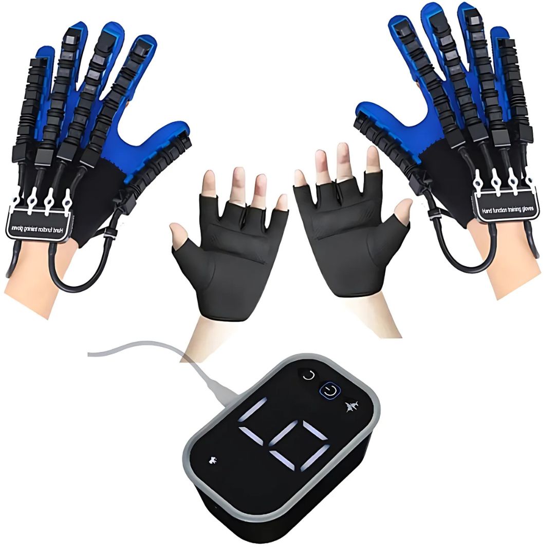 Patient performing hand exercises with a robotic rehabilitation glove, boosting recovery & mobility.