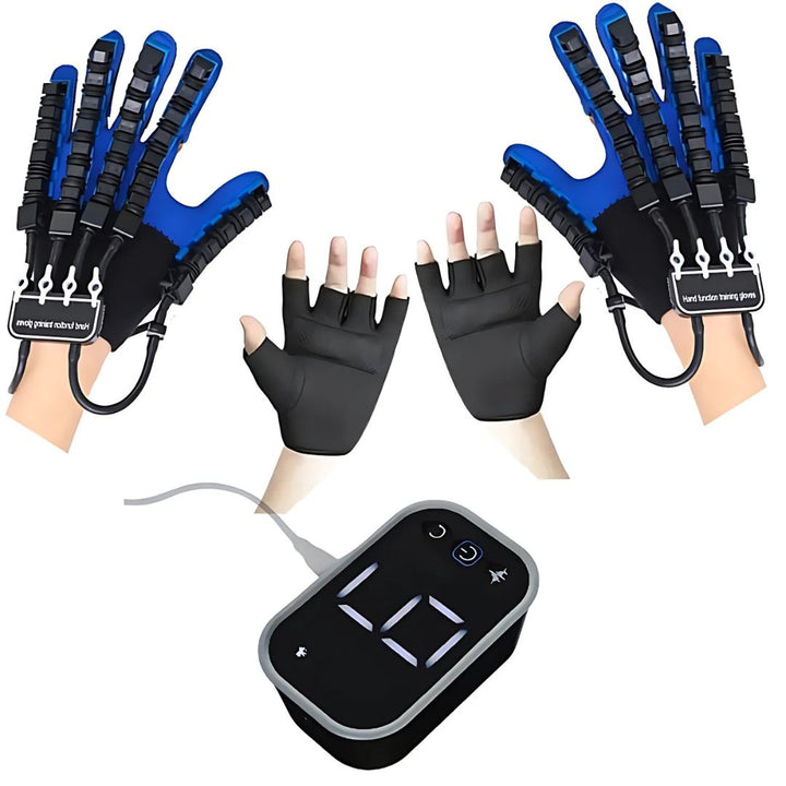 Patient performing hand exercises with a robotic rehabilitation glove, boosting recovery & mobility.