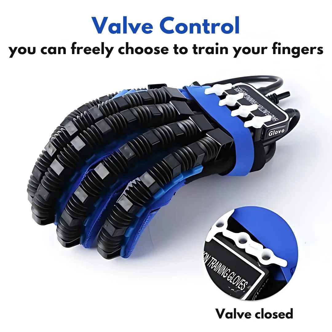 Close-up of a patient's hand using a robotic rehabilitation glove for post-stroke physical therapy.