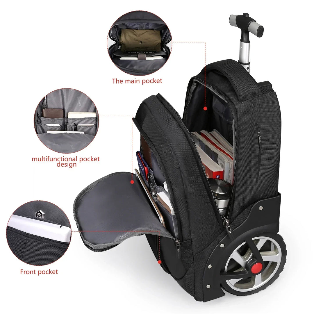 Wheeled laptop business bag for professionals; a versatile rolling carry-on travel backpack for men & women.