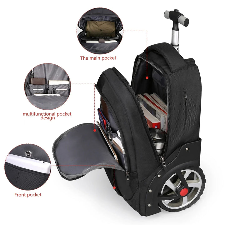 Wheeled laptop business bag for professionals; a versatile rolling carry-on travel backpack for men & women.
