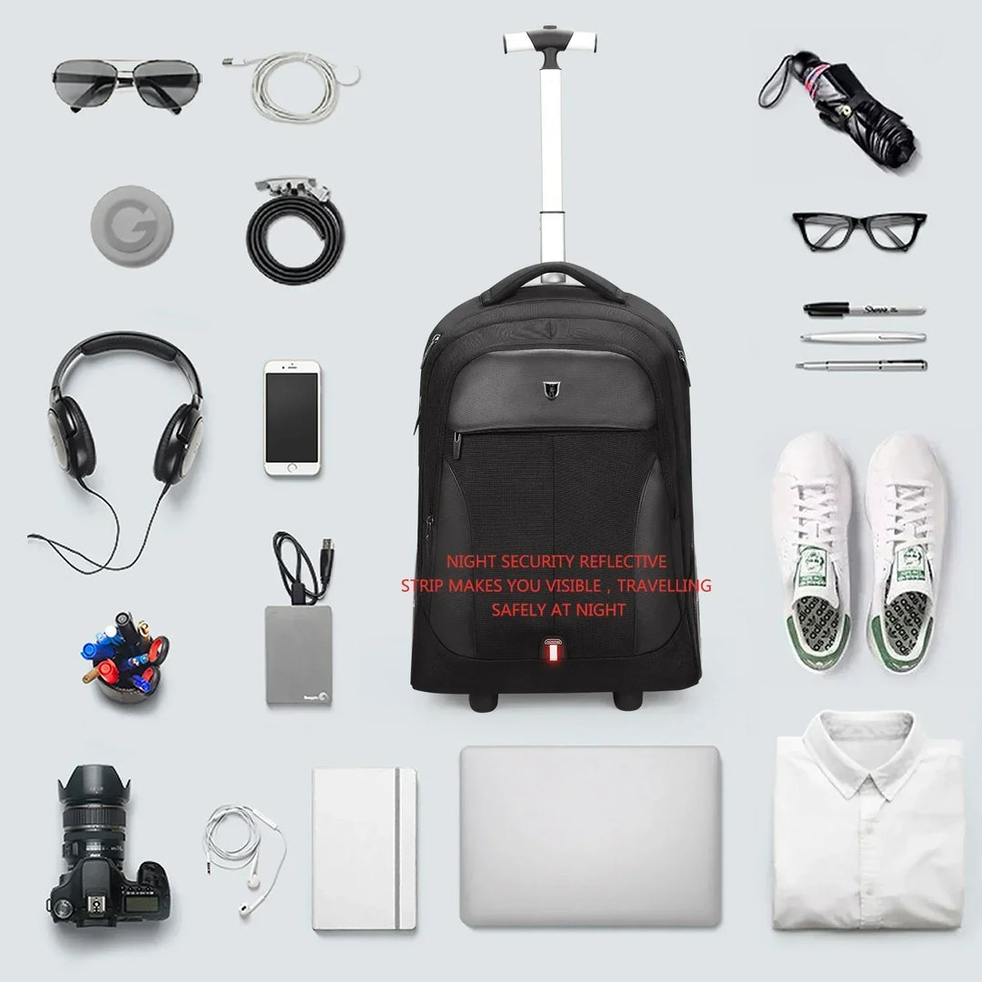 Practical unisex rolling backpack, ideal for business travel, fits most laptops, functions as a durable carry-on.