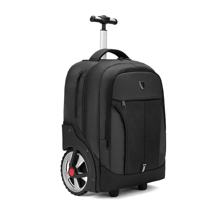 Sleek rolling laptop backpack, a versatile 3-in-1 travel & business bag with sturdy wheels for easy transport.